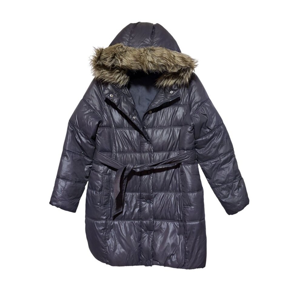Y2K Faux Fur Hoodie L Puffer Removable Hood Belted Gray Old Navy 2009